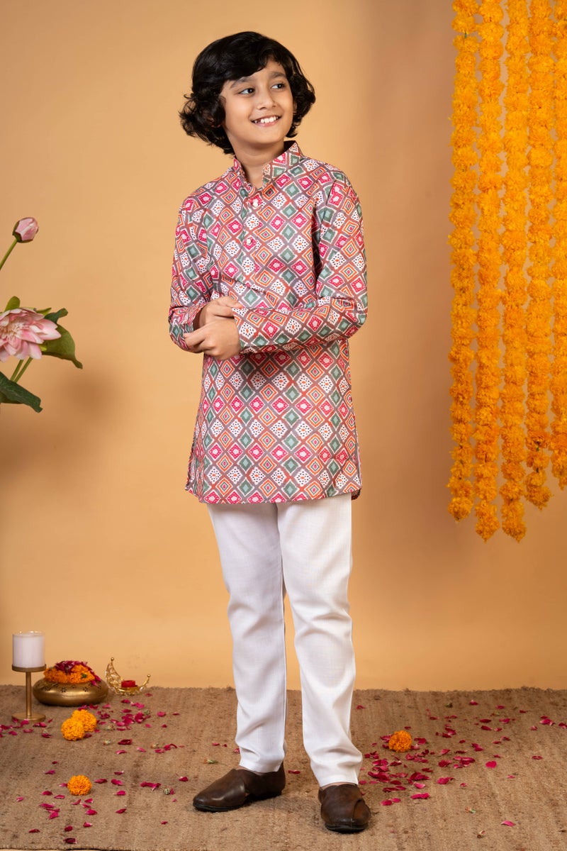 Boys Multicolor Cotton Blend Kurta & Pyjama Set